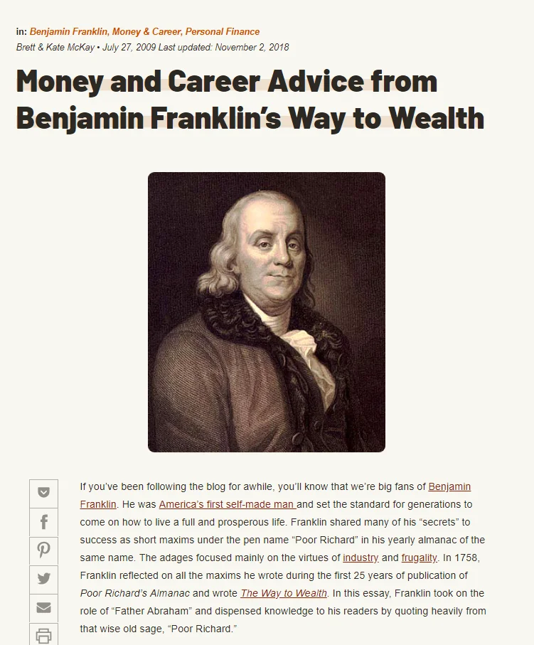 Outline highlighting Benjamin Fraklin's 13 virtues
