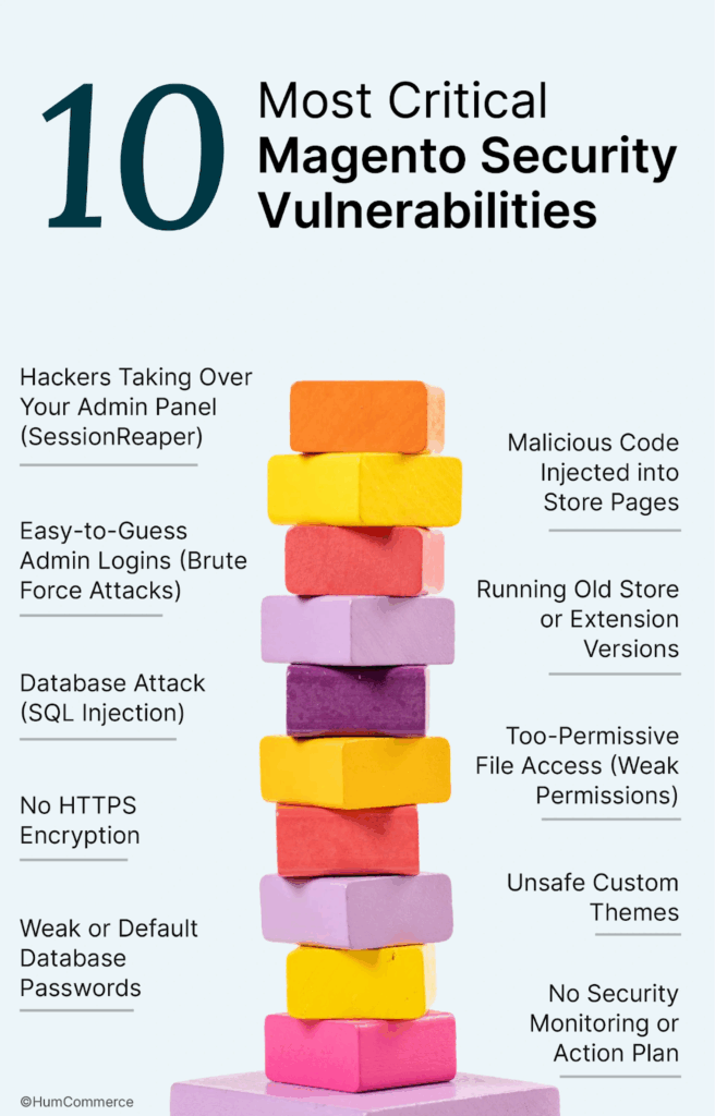 An image showing the 10 most critical Magento security vulnerabilities.