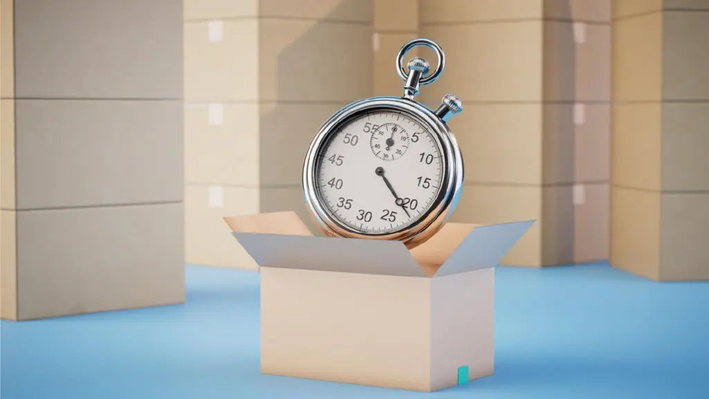 Concept image of a stopwatch sitting inside an open cardboard box surrounded by stacked shipping boxes, symbolizing speed in fulfillment or shipping.