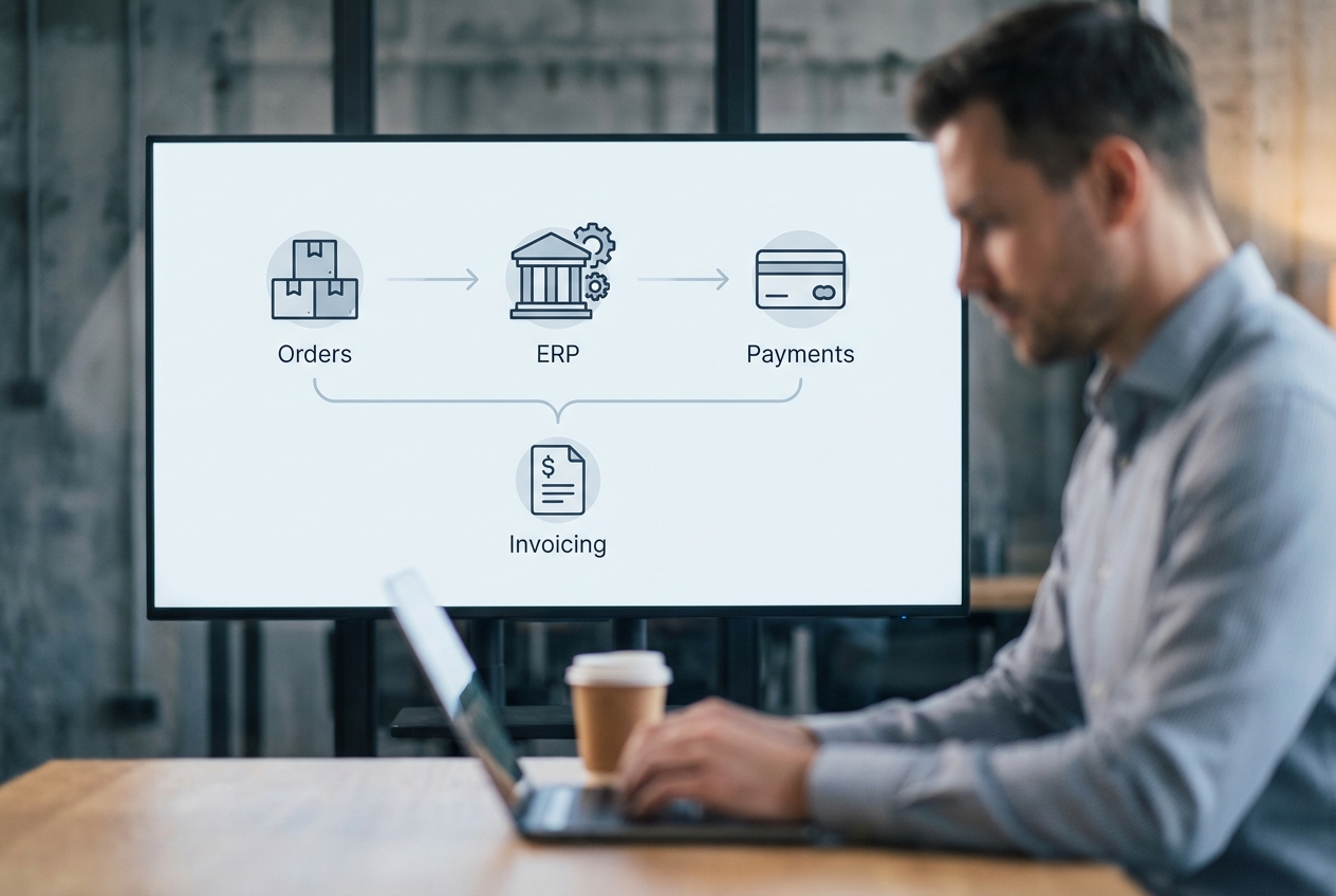 Finance professional at laptop reviewing screen diagram of orders ERP payments and invoicing workflow for automated B2B billing