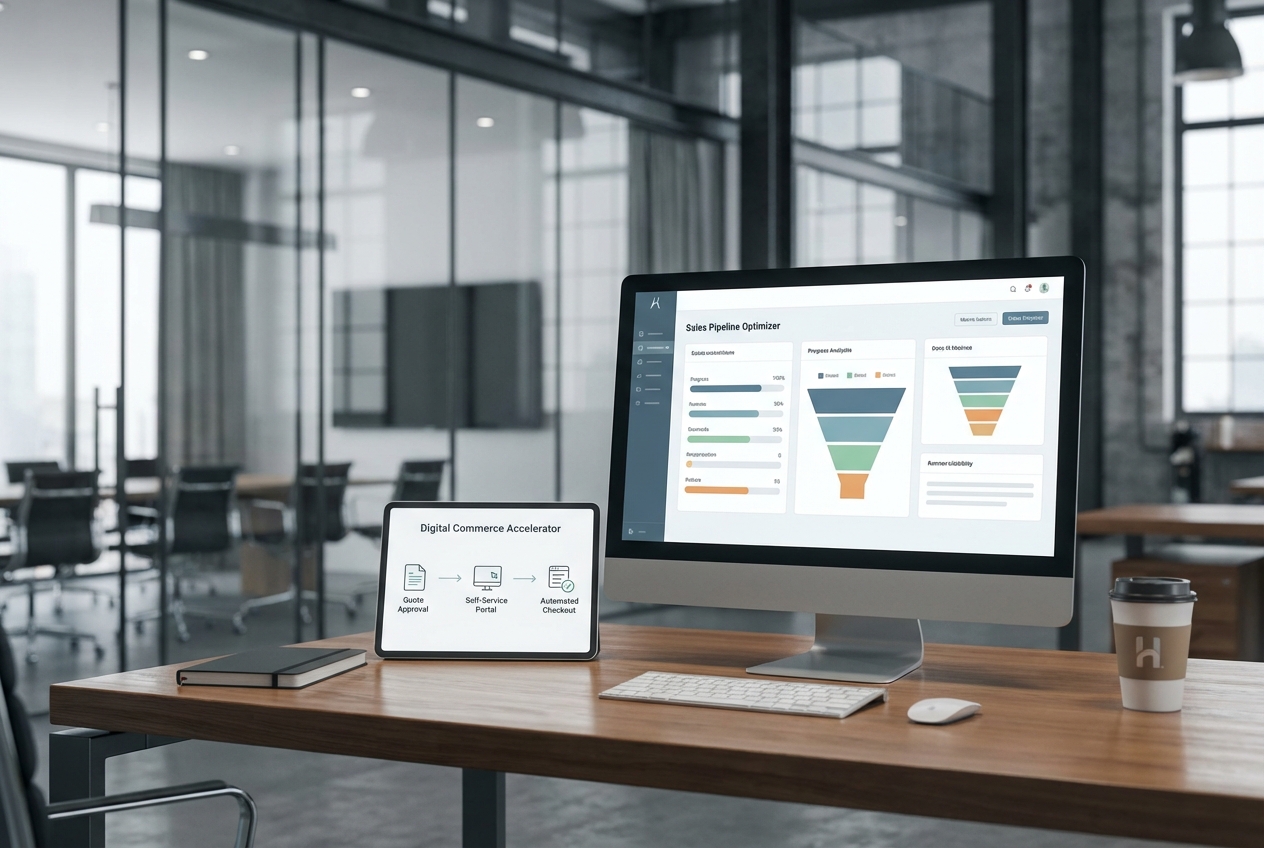 Monitor and tablet on office desk displaying B2B ecommerce sales pipeline dashboards and digital commerce workflow