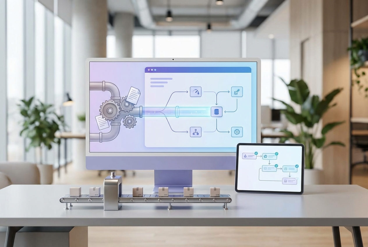 Modern office desk with monitor and tablet showing automated CPQ and quoting workflow diagrams for B2B ecommerce