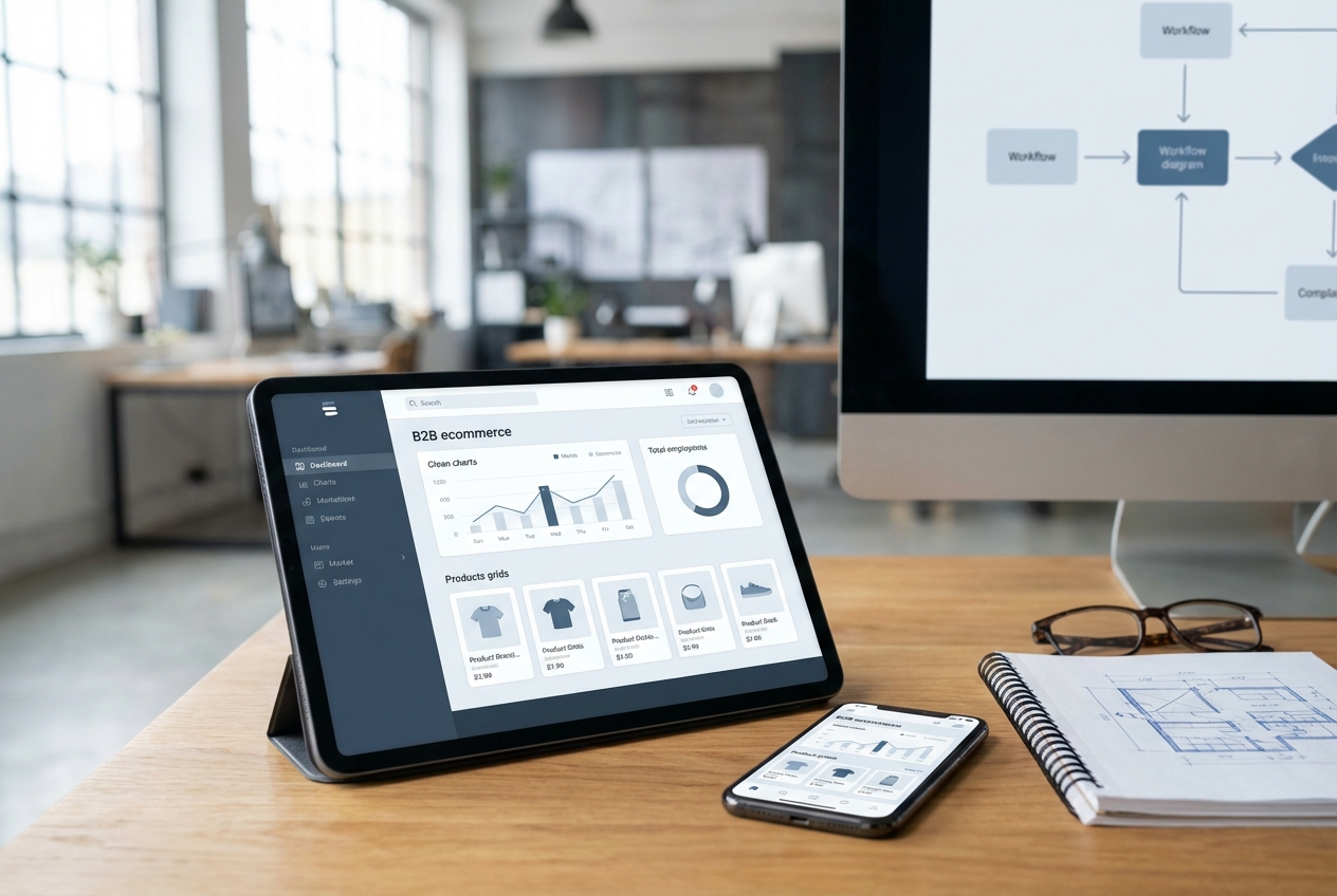 Tablet and smartphone on desk displaying B2B ecommerce dashboards for a mobile first buying experience