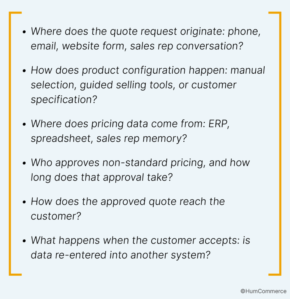 Checklist of diagnostic questions mapping the current B2B quoting process from quote request to accepted order