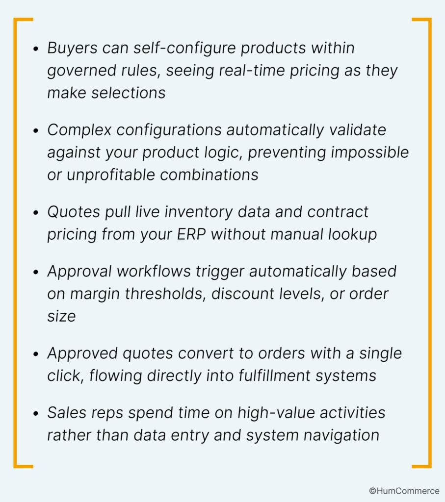 Bullet list of CPQ readiness questions about configuration rules pricing logic and ERP as the source of truth for inventory and pricing