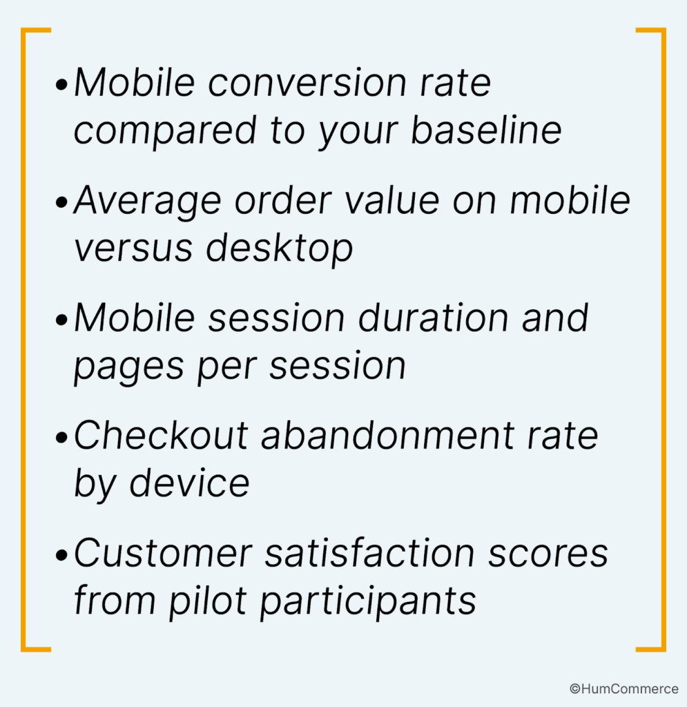 Bullet list of key KPIs for measuring mobile B2B ecommerce performance including conversion rate and checkout abandonment