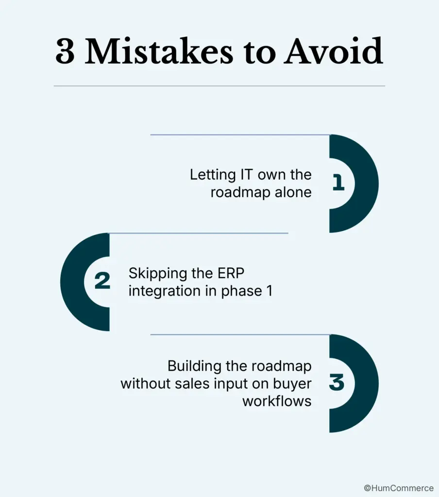 An image showing 3 mistakes to avoid before aligning the IT Sales, Ops and Marketing on a B2B Ecommerce roadmap