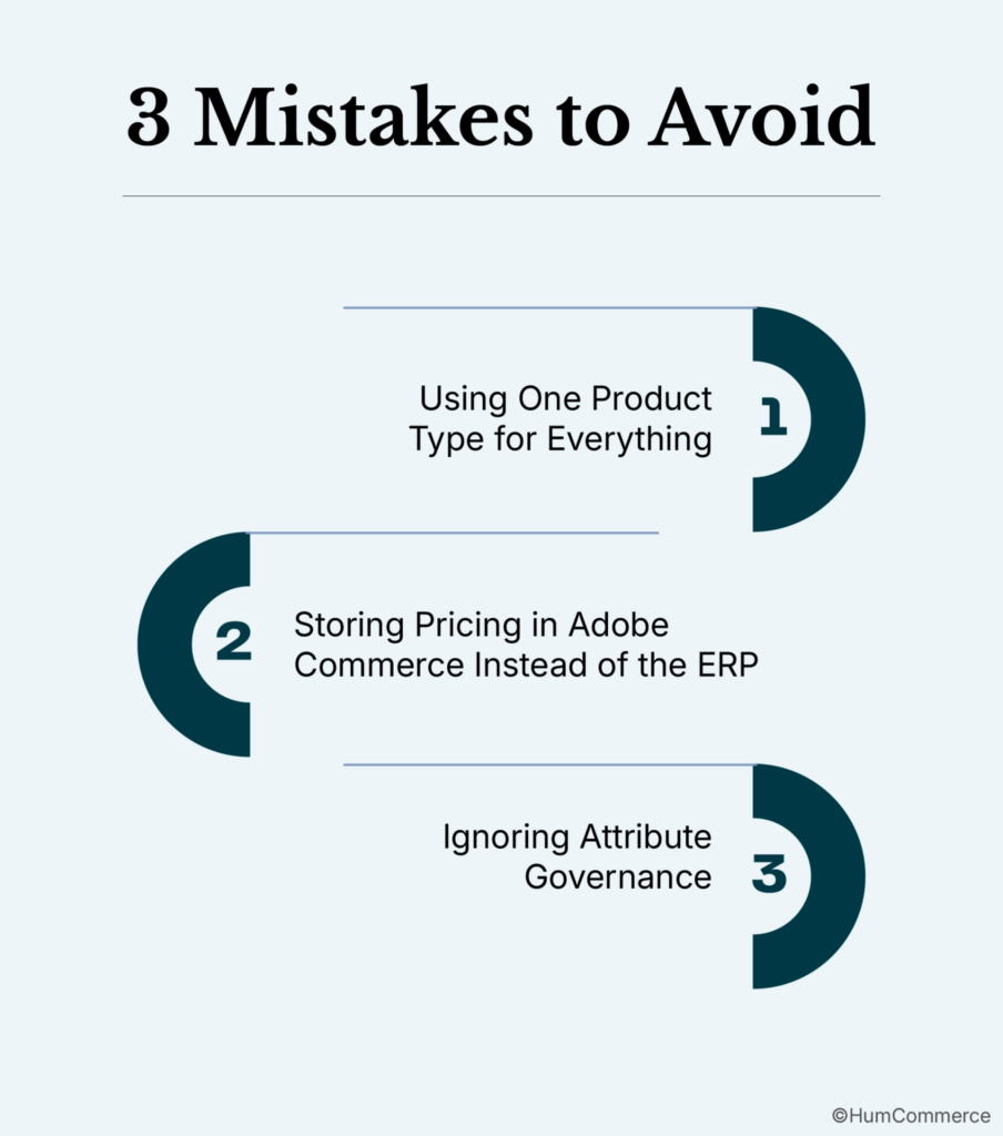 An image highlighting three mistakes to avoid when handling configurable and custom products in Adobe Commerce for industrial manufacturers. The infographic identifies using one product type for everything, storing pricing in Adobe Commerce instead of the ERP, and ignoring attribute governance as common pitfalls that can create complexity and data management challenges.