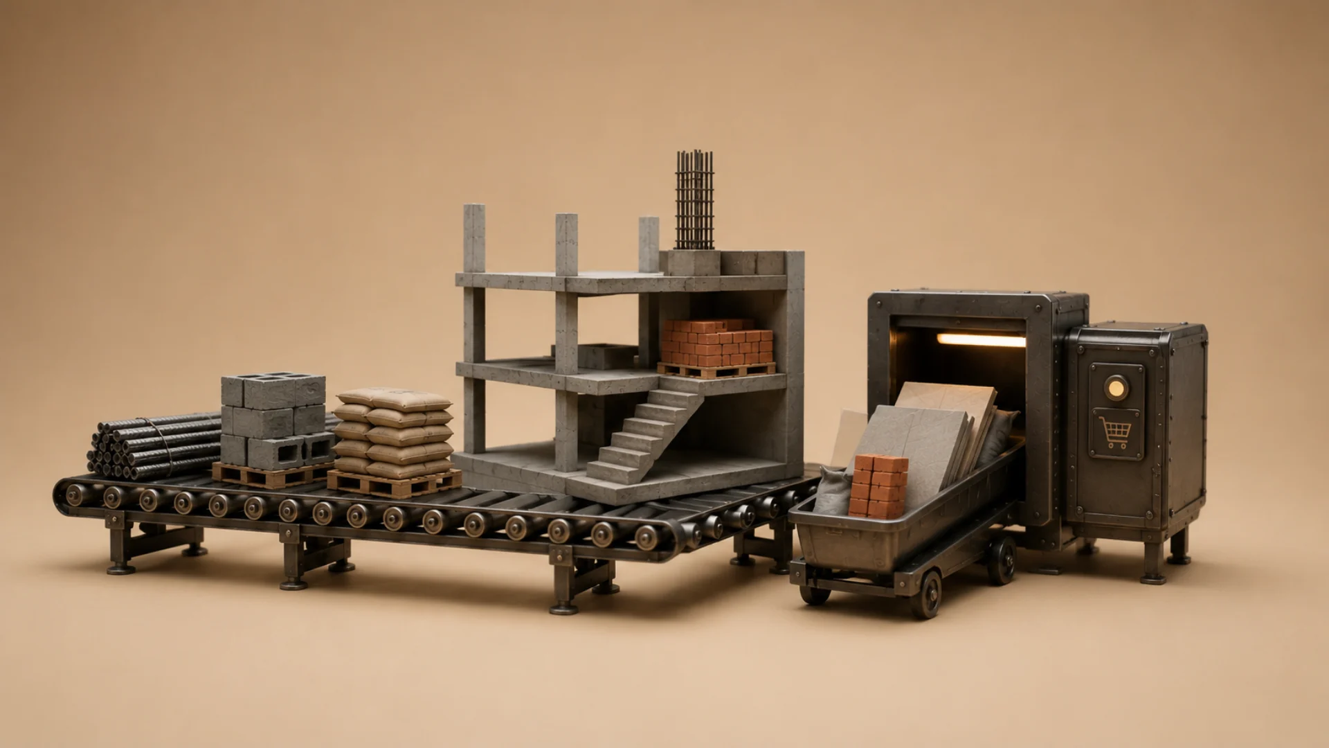 Illustration representing B2B eCommerce for building materials companies, showing contractors placing branch-specific orders through a self-service portal with customer-specific pricing, real-time ERP synchronization, inventory visibility, and streamlined procurement across multiple locations.