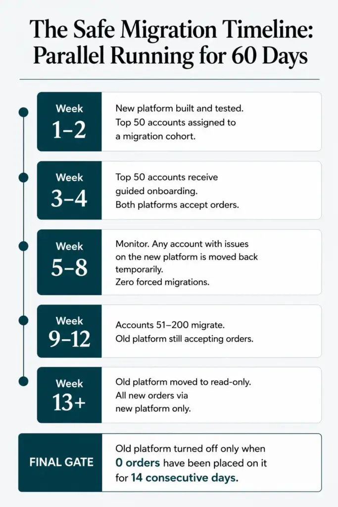 Infographic titled "The Safe Migration Timeline: Parallel Running for 60 Days." It outlines a phased B2B eCommerce replatforming plan: Weeks 1–2 build and test the new platform while assigning the first 50 accounts; Weeks 3–4 onboard pilot accounts with both old and new platforms accepting orders; Weeks 5–8 monitor performance and roll back affected accounts if needed without forcing migration; Weeks 9–12 migrate additional accounts while keeping the old platform active; Week 13 onward move the old platform to read-only with all new orders on the new platform. The final cutover occurs only after the old platform records zero orders for 14 consecutive days.