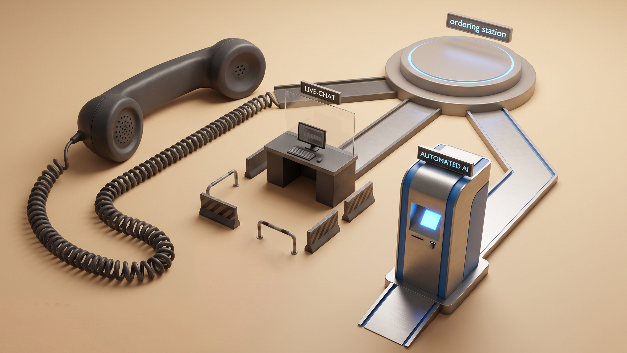 Comparison of B2B AI assistant, live chat, and phone support channels, highlighting cost, response time, customer experience, and conversion potential.